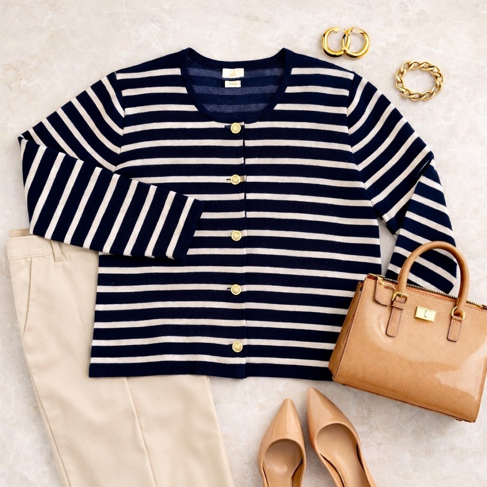 Munrospun Cotton Coastal Navy Preppy Striped Cardigan (LG) Professional Office